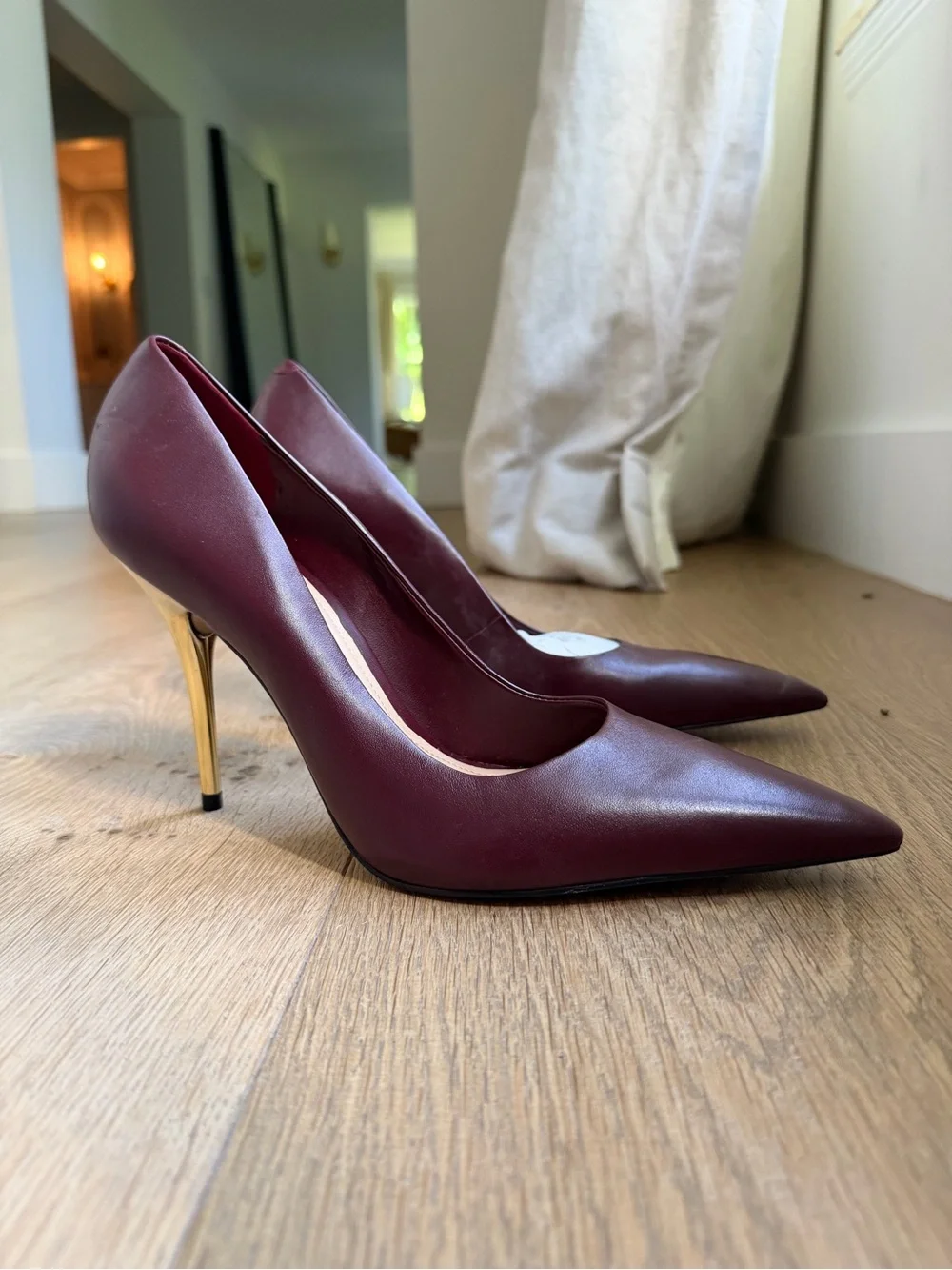 Women's Burgundy Pointed Toe Stiletto Pumps with Gold Heel Accent